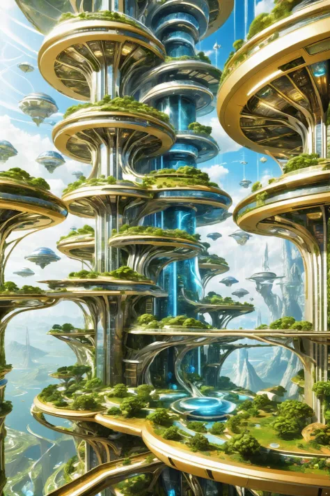 a futuristic city with a waterfall and trees on the sides