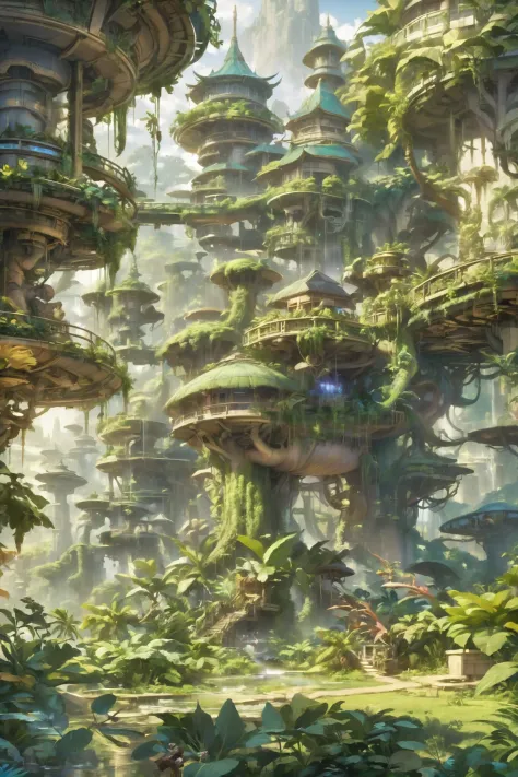 a painting of a futuristic city with a lot of trees and plants