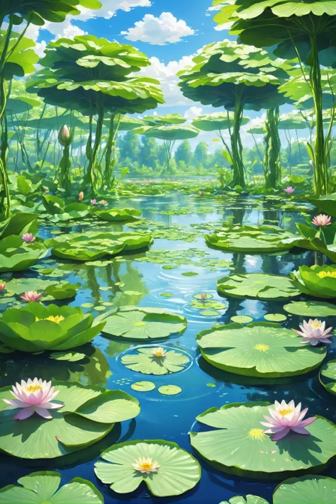 a painting of a pond with lily pads and trees