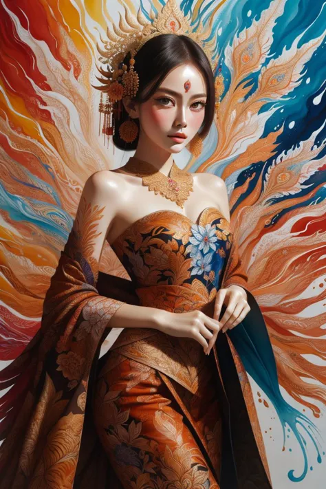 a painting of a woman in a dress with a large flower on it