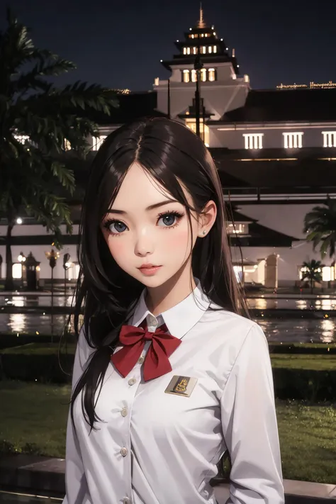 anime girl in white shirt and red bow tie standing in front of a building