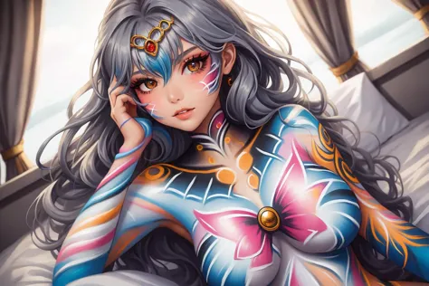 anime girl with long hair and colorful body paint on her body