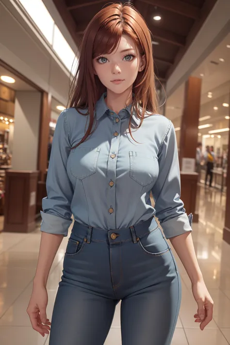 (best quality, highres, HDR, masterpiece:1.2), anime, 1girl, woman, (curious lumberjack, wearing denim pants and flanel shirt:1.25), (long_hair, asymmetrical_hair:1), (exiting atmospheric mall:1.1), <lora:MAMS:1>,