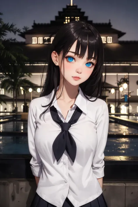 anime girl with blue eyes and black hair in front of a fountain