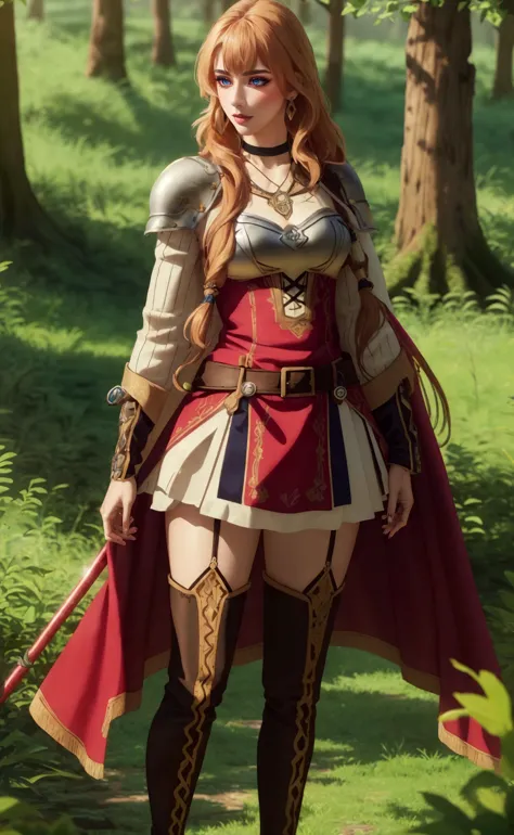 a woman in a red and white outfit holding a sword