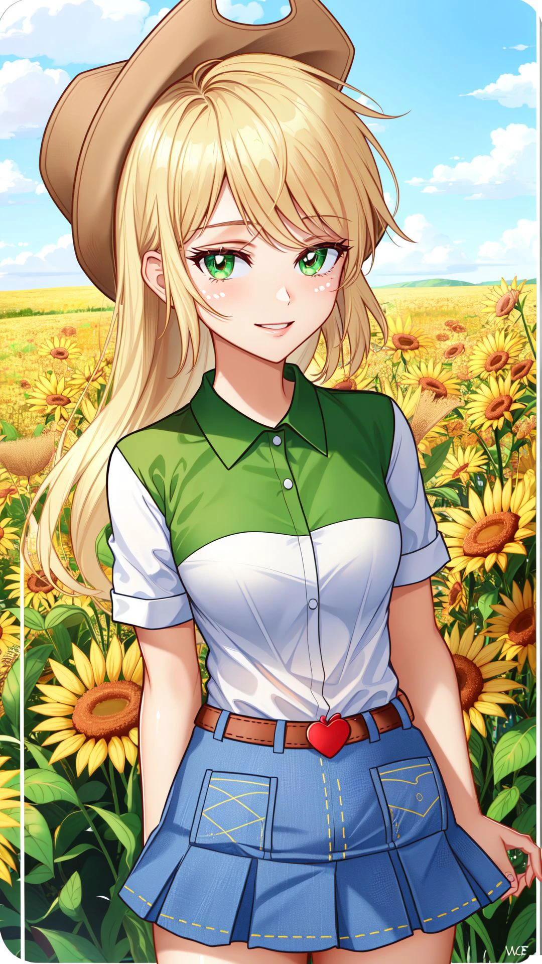 (masterpiece, best quality:1.2),cowboy shot,solo,1girl,mlpapplejack,smile,looking at viewer,low-tied long hair,cowboy hat,shirt,denim skirt,belt,wheat field,vector trace,
