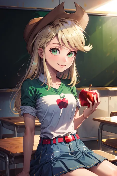 masterpiece,best quality,1girl,mlpapplejack,low-tied long hair,blonde hair,green eyes,cowboy hat,shirt,denim skirt,belt,apple de...