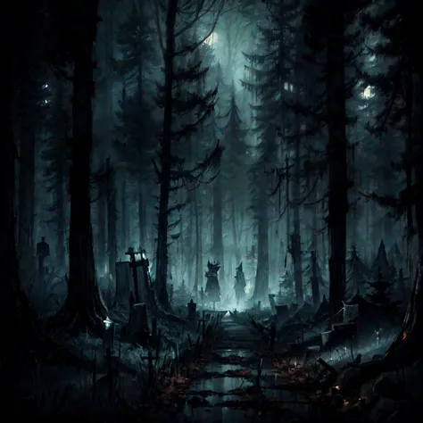 a dark forest with a lot of trees and a lot of people