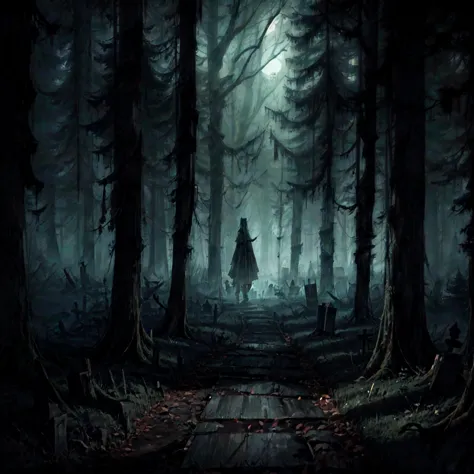 a dark forest with a person walking through it