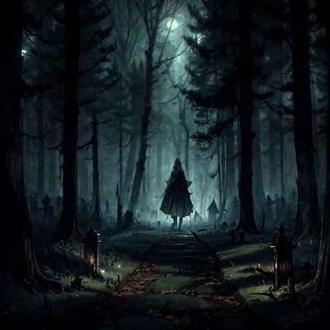 a dark forest with a person walking through it