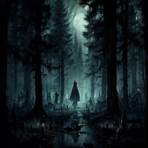 a dark forest with a person standing in the middle of it