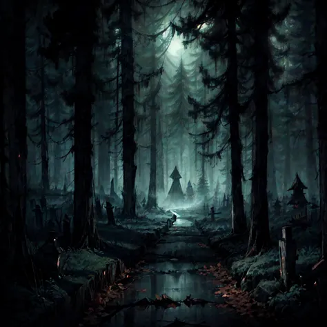 a dark forest with a stream running through it