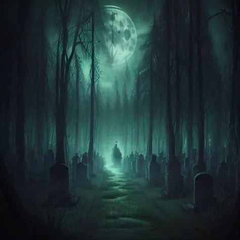 a dark cemetery with tombstones and a full moon in the background