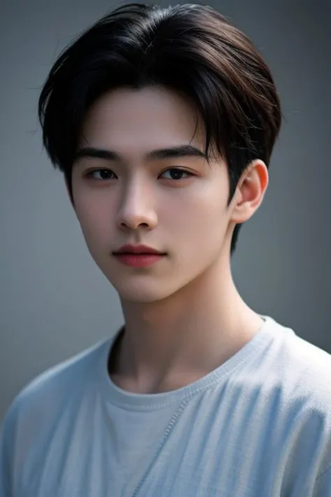 a man with a white shirt and black hair is looking at the camera