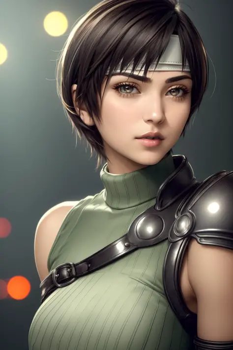 yuffie kisaragi, venda, cuello alto sin mangas, armadura de hombro, protector de brazo, Guantes sin dedos, (enfoque nítido:1.2), Retrato, ((posando)), (Hermoso rostro:1.1), ojos detallados, labios deliciosos, ((dentadura cutánea)), (iluminación de estudio brillante:1.2), profundidad de campo, bokeh, 4k, alta definición