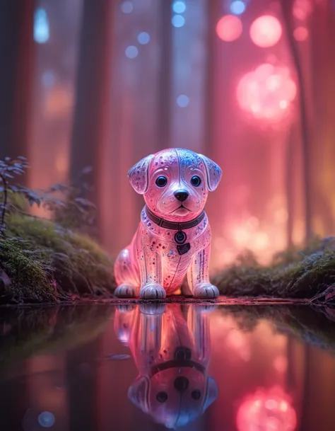 dynAmic skewed cAmerA Angle, A (trAnspArent:1.2) [:stAtue:20] cute puppy of in A bioluminescent forest full of life, (散景:1.4), 池塘的倒影,  rAl-colorswirl with vivid sAturAted colors,  ChiAroscuro , RAdiAnt DArkness,