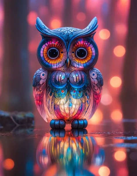 dynamic skewed camera angle, a (transparent:1.2) [:statue:20] cute owl of in a bioluminescent forest full of life, (bokeh:1.4), reflections off ponds,  ral-colorswirl with vivid saturated colors,  Chiaroscuro , Radiant Darkness,