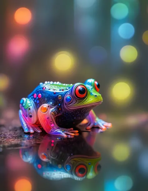 dynamic skewed camera angle, a (transparent:1.2) [:statue:20] cute frog of <lora:Bio-Luminescence:0.5> in a bioluminescent fores...