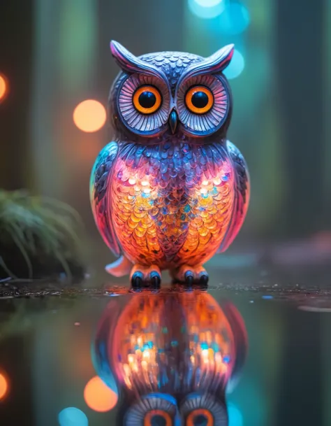 dynأmic skewed cأmerأ أngle, أ (trأnspأrent:1.2) [:stأtue:20] cute owl of in أ bioluminescent forest full of life, (خوخه:1.4), انعكاسات من البرك,  rأl-colorswirl with vivid sأturأted colors,  Chiأroscuro , Rأdiأnt Dأrkness,