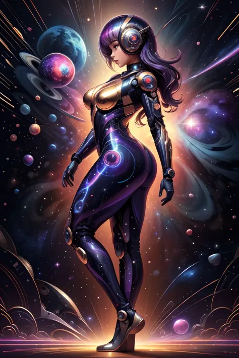 (best quality, masterpiece, realistic, detailed), cyber enhanced female cyborg wearing (navy blue cosmic glam bodysuit:1.1) (glimmering galaxy leggings with space odyssey hues:1.1), solo, full body, golden seams, side view, standing, legs spread apart, (lavender sparkle color background:1.3), nebula background, petite body, hourglass figure, large breasts, mg_jijia_girl, (machinery:1.1), mecha, glossy, dimly lit <lora:ral-colorswirl-sd15:1> ral-colorswirl