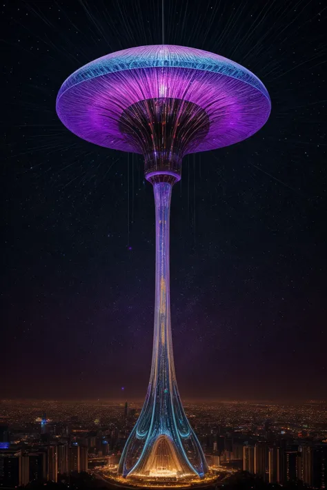 a purple mushroom shaped structure with a city in the background