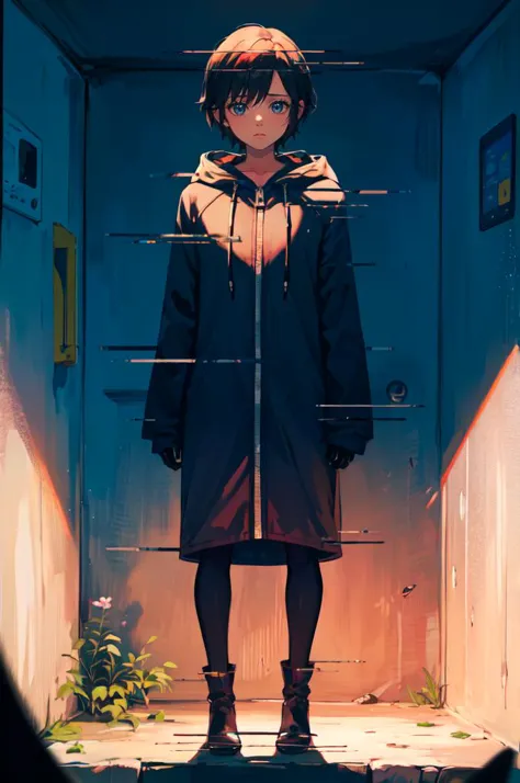 looking down, standing, facing viewer, straight-on, sad, underground, laboratory, (stasis tank:1.3), <lora:xion_(kingdom_hearts)_1:0.7> aaxion, short hair, hood, black coat, hooded coat, zipper, long sleeves, black pantyhose, black gloves, black knee boots,  <lora:display glitch_v1:1.3> display glitch, white wall,, absurdres, ultra detailed, masterpiece, best quality, aesthetic, detailed,