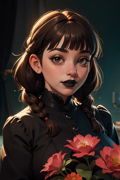 highres, masterpiece, perfect lighting, bloom, cinematic lighting, adult, female, looking at viewer, clamwaifus, <lora:clamwaifus_v10:0.6>, brown hair, blunt bangs, twin braids, smile, <lora:weight_slider_v2:1.15> <lora:goth_girl:0.8> goth girl, gothic,makeup,black lips