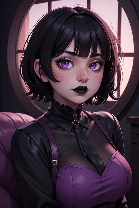 highres, 1girl, solo, looking at viewer, clamBlair, goth girl, gothic, makeup, black lips, pale skin, bangs, short hair, jet black hair, purple eyes, perfect lighting, bloom, cinematic lighting, 