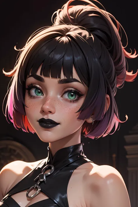 highres, masterpiece, perfect lighting, bloom, cinematic lighting, adult, female, looking at viewer, clamj, side-swept bangs, black hair, pink IncursioDipDyedHair, messy mid ponytail, green eyes, thick eyebrows, freckles, smile goth girl, gothic,makeup,black lips