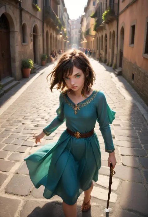 a woman in a blue dress walking down a street with a cane