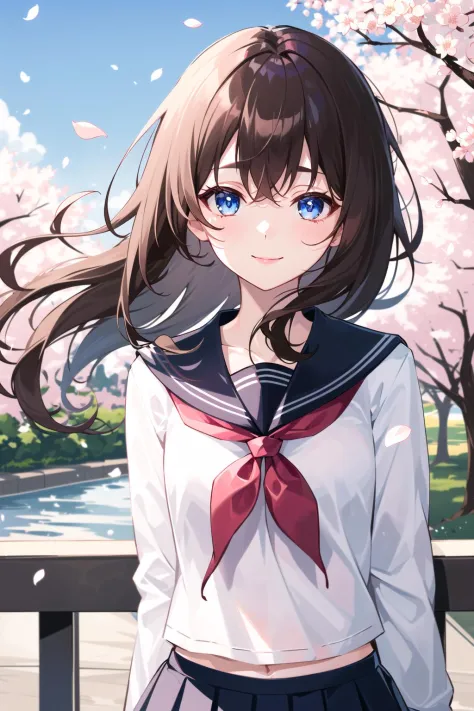 (upper_body:1.5), close-up, cherry_blossoms, outdoors, day, spring_\(season\), 1girl, smile, solo, bangs, blue_eyes, blush, clos...