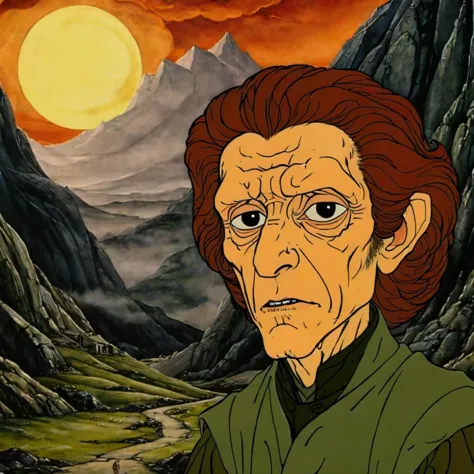 a cartoon of a woman with a mountain in the background