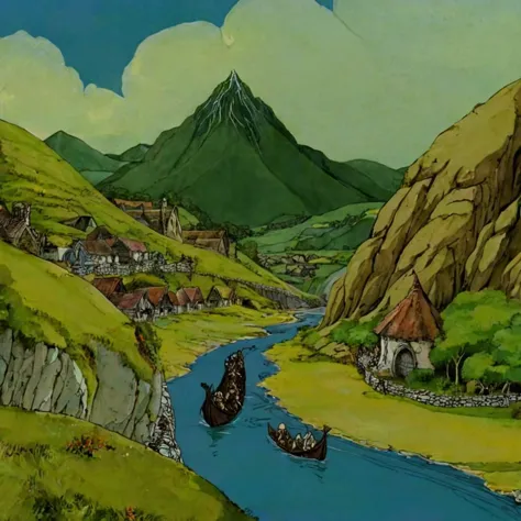 a close up of a cartoon of a river with a village in the background