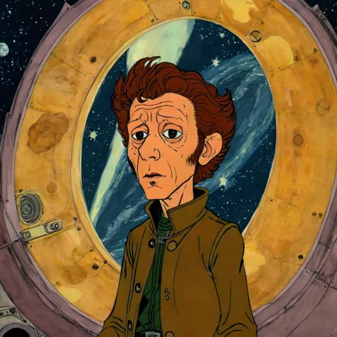 a close up of a cartoon of a man in a space station