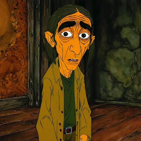 a close up of a cartoon of a man with a green shirt and brown jacket