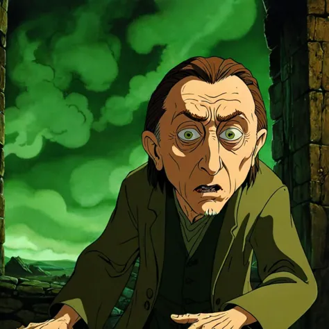 a close up of a cartoon of a man with a green coat