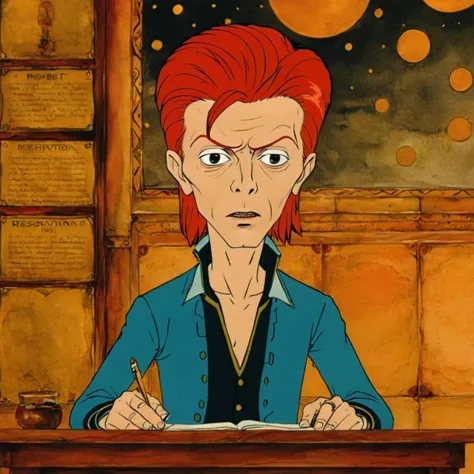 a cartoon of a man with red hair writing on a desk