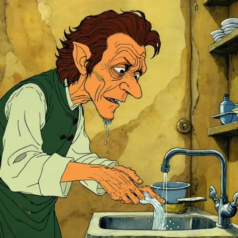 cartoon of a man washing his hands in a sink