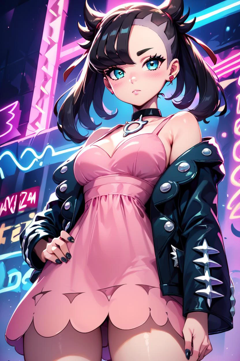 score_9, score_8_up, score_8, medium breasts, (curvy), cute, eyelashes,       zzMarnie, neon lights, pink dress, black jacket, looking at viewer, black choker, hand on hip, off shoulder, closed mouth, open jacket, big breasts, long sleeves, black nails, blush, undercut, bag, aqua eyes, from below, standing, blue eyes  ,embedding:zPDXL,