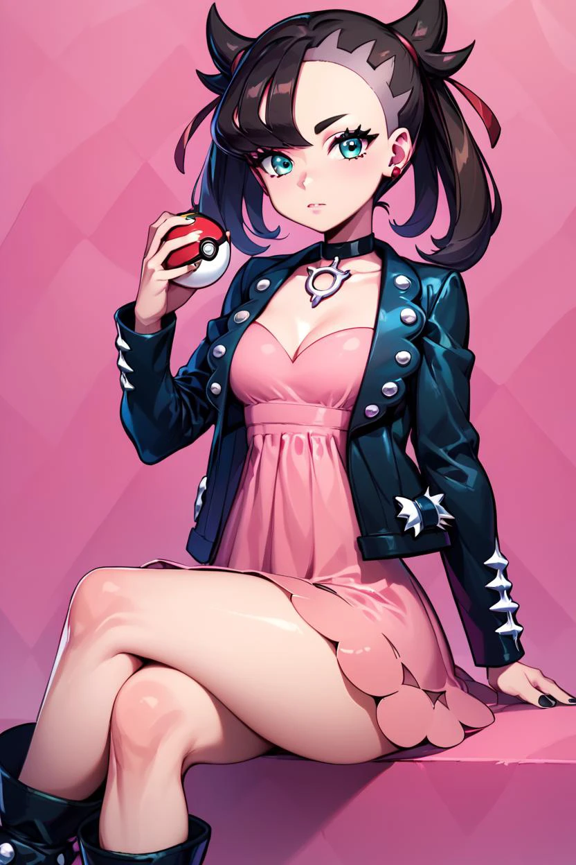 score_9, score_8_up, score_8, medium breasts, (curvy), cute, eyelashes,       zzMarnie, holding poke ball, black choker, pink dress, crossed legs, black jacket, boots, sitting, closed mouth, poke ball \(basic\), open jacket, looking at viewer, black footwear, long sleeves, black nails, nail polish, hand up, brown hair, collarbone, two-tone background  ,embedding:zPDXL,