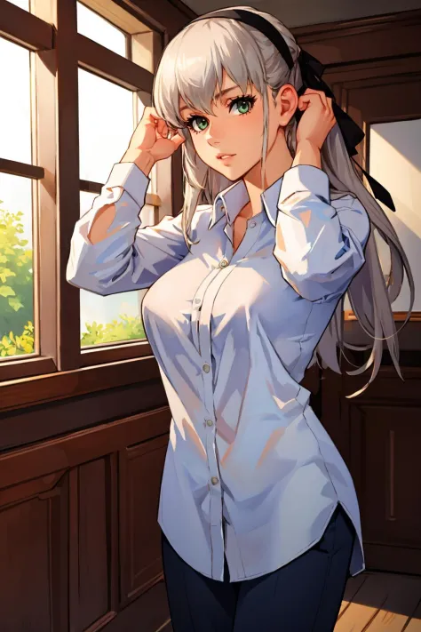masterpiece, best quality, elie macdowell, hairband, hair ribbon, white dress shirt, khakis, fixing hair, looking at viewer, hou...
