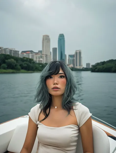 photo in the style of Alessio Albi,emirulolxl woman,sitting down on a yacht in Lake Travis traveling to Austin Texas,chin length bob cut,flustered,two-tone hair,medium breasts,skyscrapers seen in the distance,light rain,skin pores,hair blowing in the wind,high detailed defined skin pores,ultra detailed skin,ultra detailed face,casual T-shirts,shorts,fog,<lora:EmiruXL:1>,high quality photography,shot on Canon EOS 5D II,