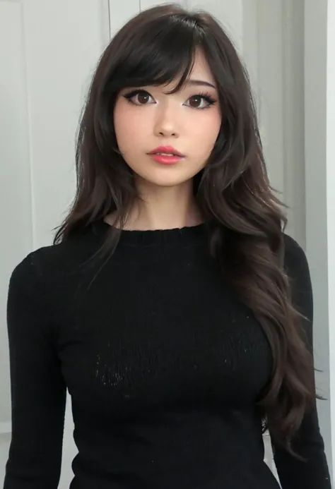 a close up of a woman with long hair wearing a black top