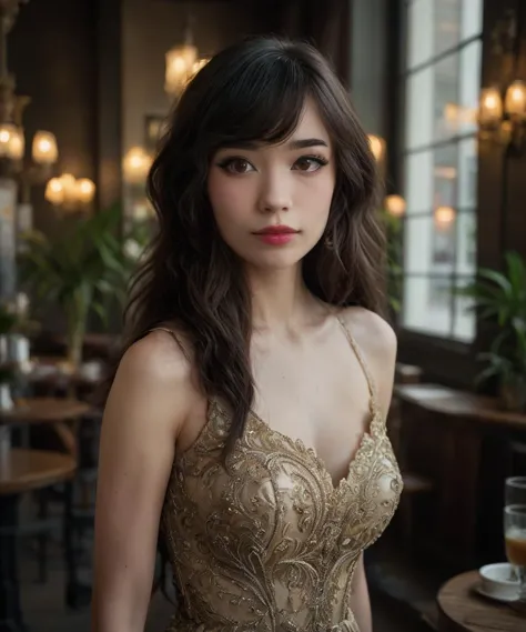 a woman in a gold dress standing in a restaurant