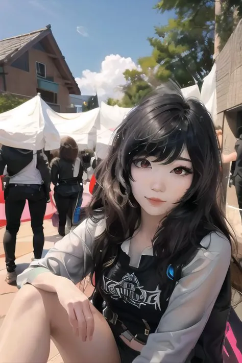 a close up of a person sitting on a bench near tents