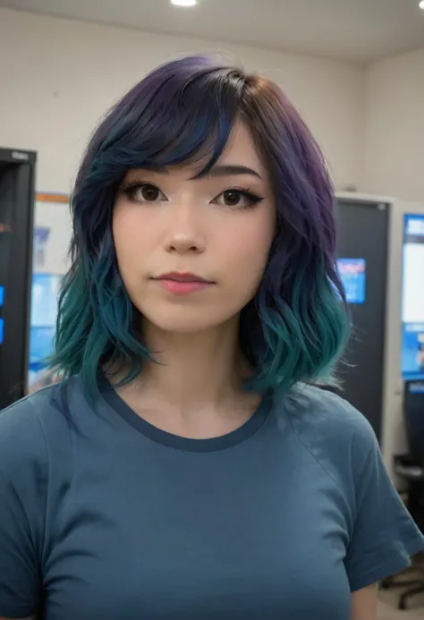 closeup head and shoulders portrait,emirulolxl is working at Best Buy,wearing blue short sleeve shirt,black pants,standing next to computer towers,multicolored hair,bob cut,medium hair,wavy hair,teasing_smile,high quality photography,high detailed defined skin pores,looking away,cinematic_angle,detailed irises and pupils,sharp focus,dynamic lighting,moody,film grain,film,Cinematic,Canon EOS R3,4k textures,8k resolution,<lora:EmiruXL:1>,