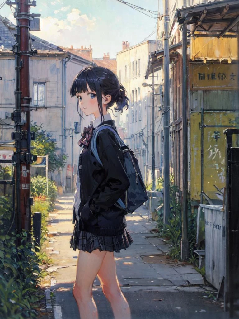 Chica anime con falda corta y chaqueta caminando por la calle. - SeaArt AI