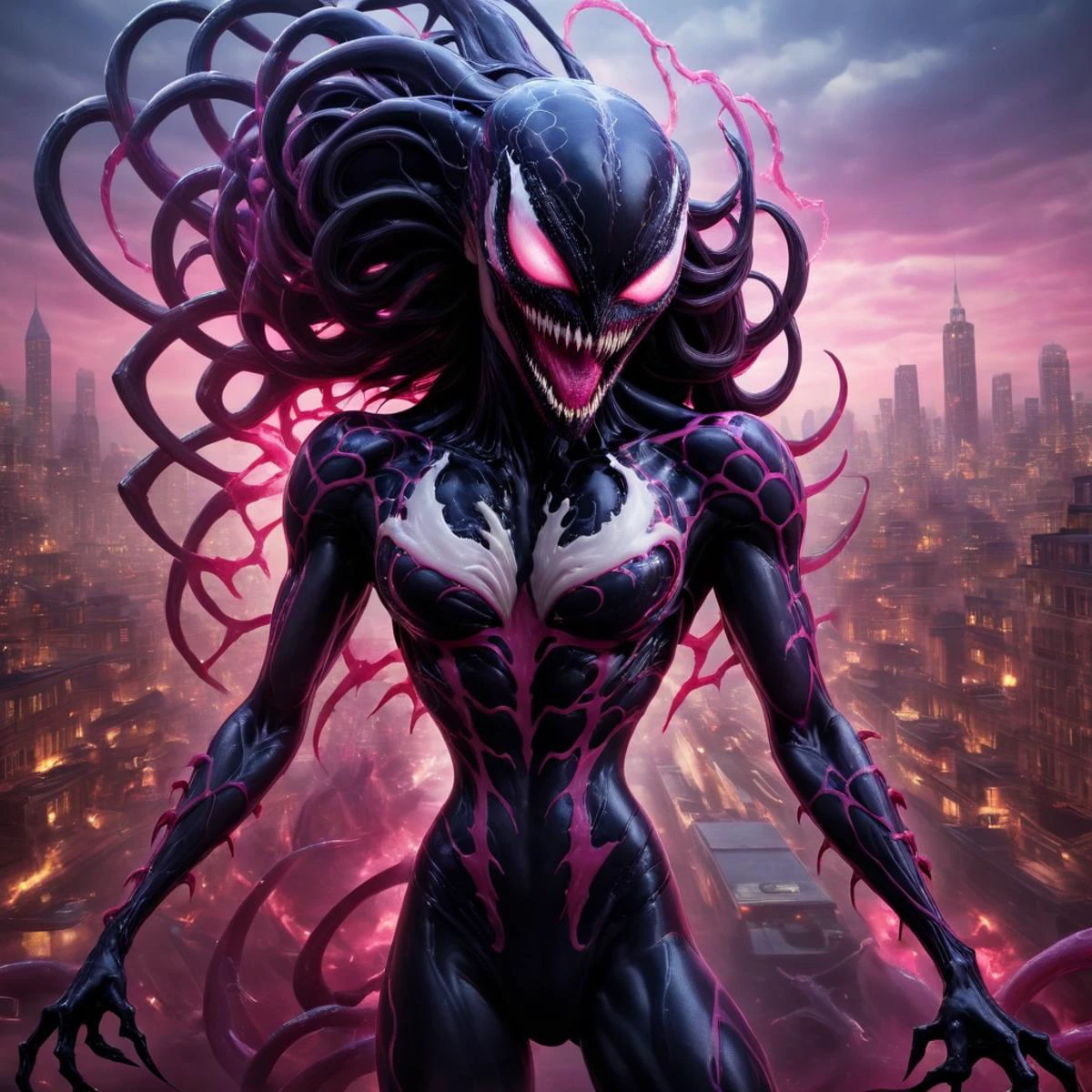 Alien-themed she venom is standing in the city with his pink eyes ...