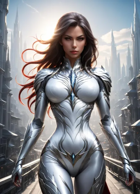 concept art (Digital Artwork:1.3) of (Simple illustration:1.3) <lora:She-Venom-FFusion.LORA:1> a woman in a silver and white cos...