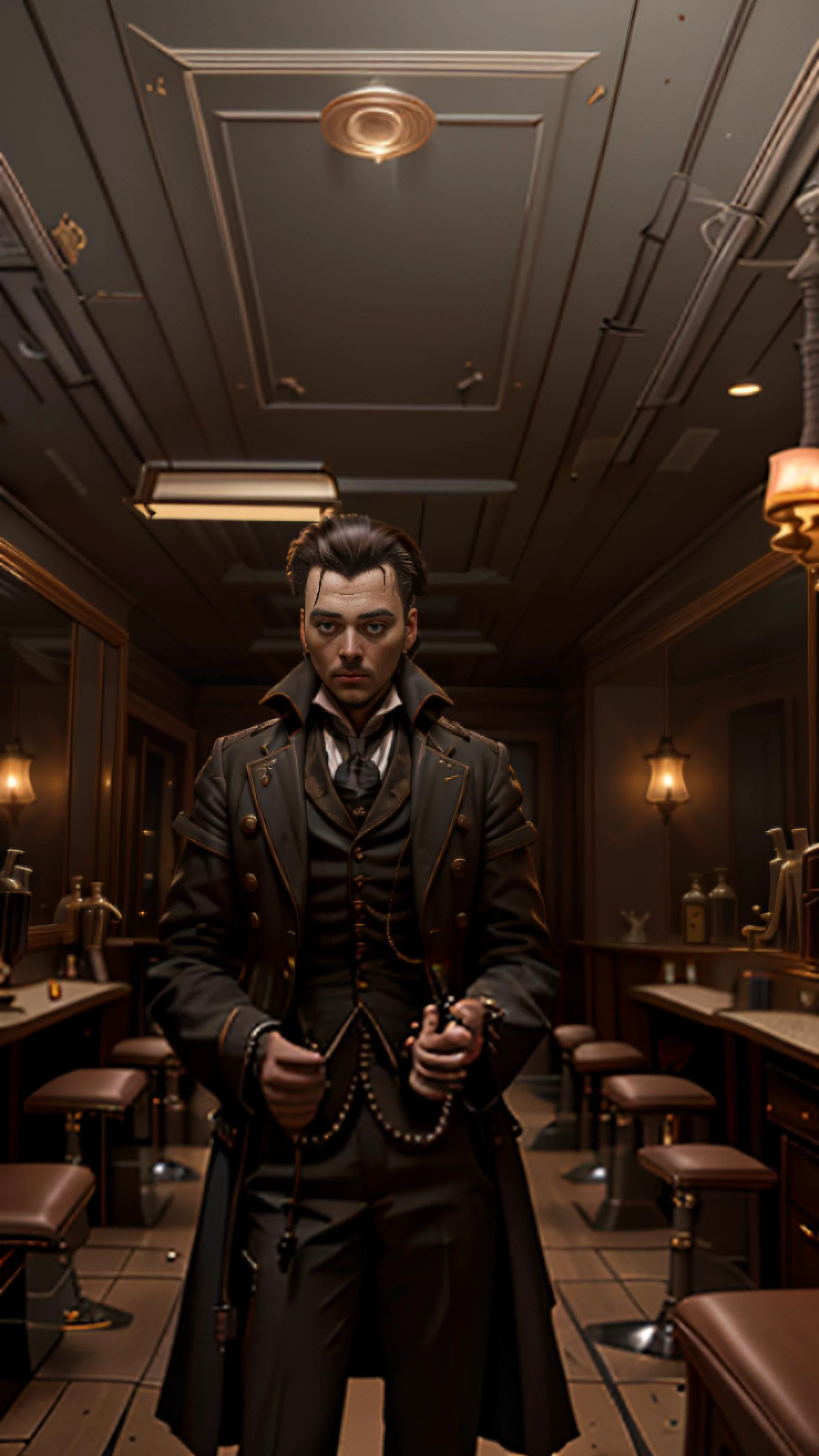 portrait of a man standing at a barbershop in a dunkel room, dressing a dunkel victorian suit, ((ein Rasiermesser halten)), Johnny Depp, Zerzaustes Haar, in einem Tim Burton Film, dunkel, Sweeney Todd, blutig, unordentliches Zimmer, filmisch, Film,